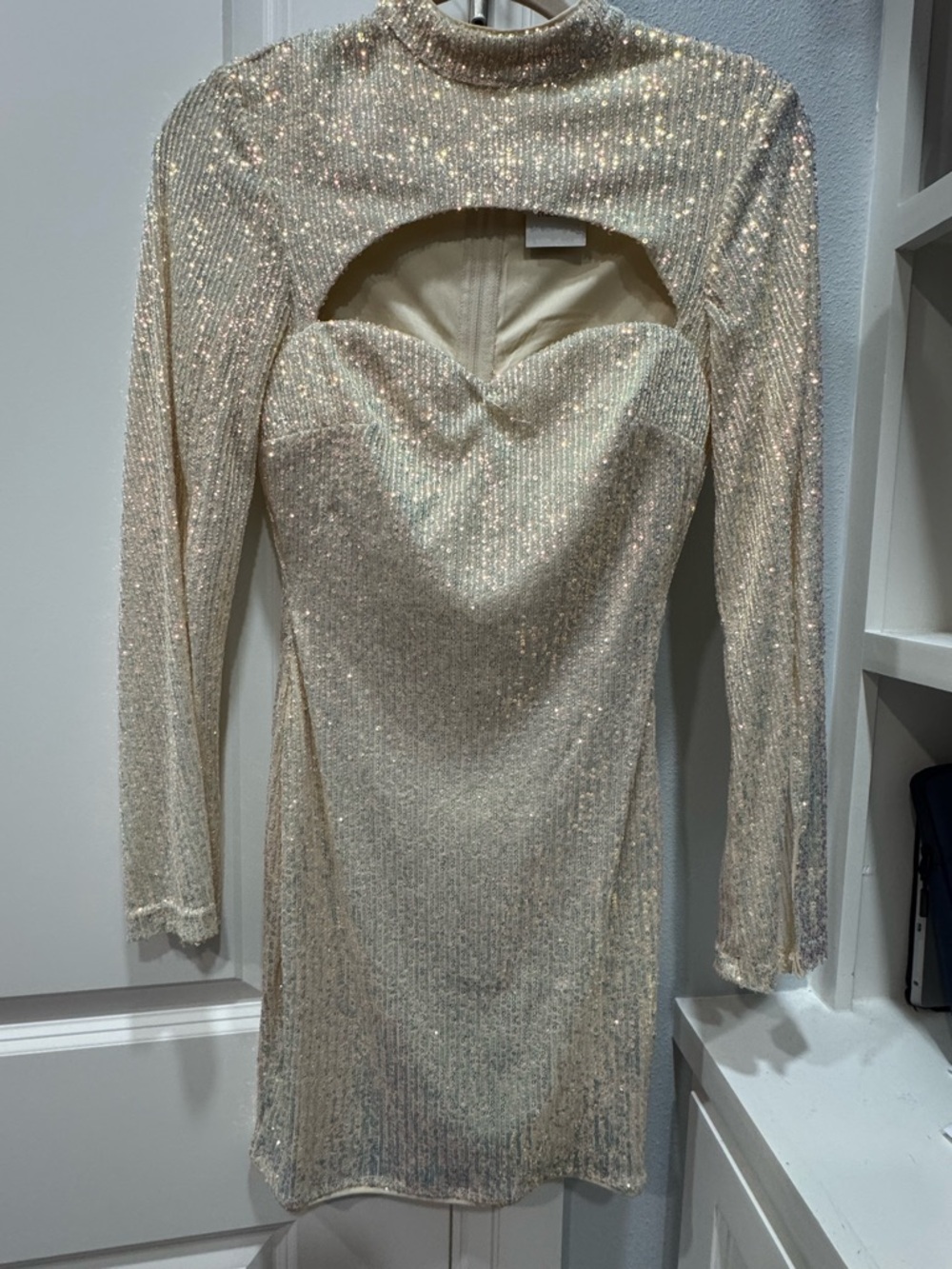 Long Sleeve Cutout Sequin Mini Dress in Ivory